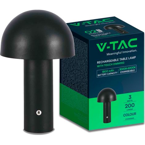 Lámpara de mesa LED recargable V-TAC de 3 W, metal negro, táctil y regulable, 3 en 1
