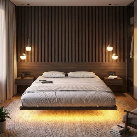 Vasagle – Lit flottant 160 x 200 cm – Éclairage LED intégré – Ports USB et prises CA – Capacité 500 kg – Noir