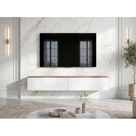 AX LIVING Barvo 2x100 TV Kommode Lowboard Braun/Weiß Hochglanz Hängend