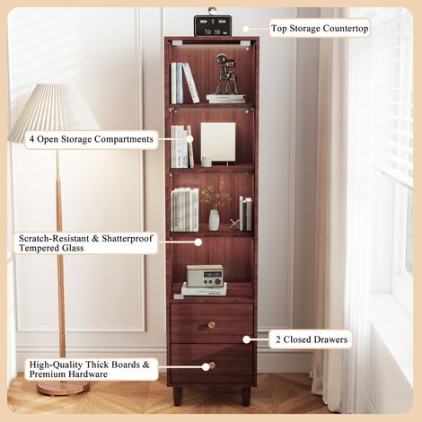 Vitrine haute LED à porte vitrée et 2 tiroirs,structure bois style rétro poignées dorées. Dimensions H165/W40/D35 cm pour ranger vos collections.