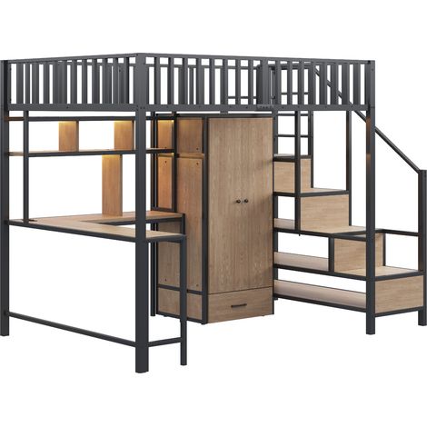 Letto a soppalco in metallo 140 x 200 cm con scrivania, scaffali, armadio e cassetti, nero (1/5)