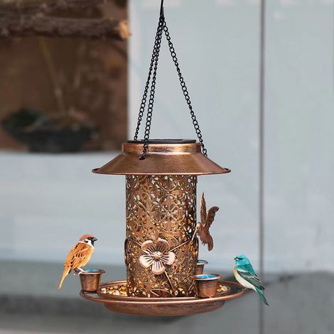 Lámpara solar para exteriores, comedero metálico colgante para pájaros, dispensador de agua y comida, lámpara decorativa para jardín y patio (comedero para colibríes). (1/4)