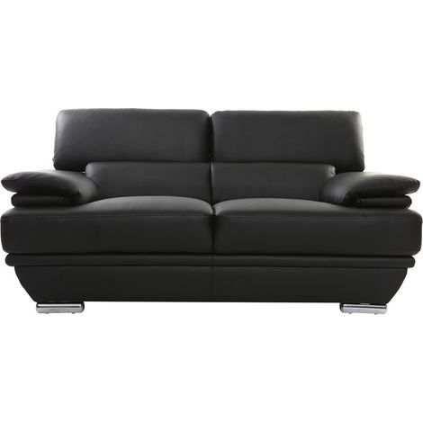 Miliboo – Canapé droit cuir noir 2 places – Têtières ajustables – Structure en acier chromé – Dimensions L177 x P97 x H70-90 cm
