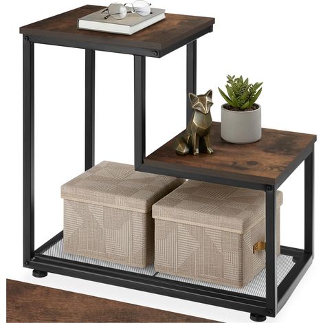 Bout de canapé 60,5 x 35,5 x 60,5 cm à 2 niveaux en bois foncé, style industriel (1/5)