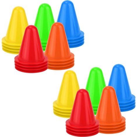 Lot de 40 cônes de slalom et d'entraînement en PE dimensions 7,8 x 7,8 x 8 cm pour agilité patinage football slalom et dressage canin 5 couleurs (1/5)