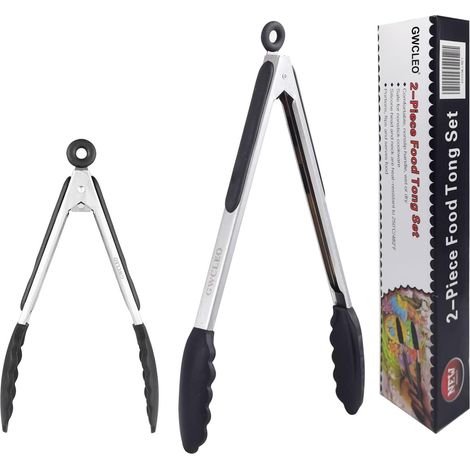 2-Piece Stainless Steel and Silicone Cooking Tongs for Barbecue, Buffet, Serve, Salad, Spaghetti (Black, 23 and 30 cm) (1/5)