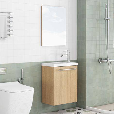 Meuble sous-vasque de salle de bain mural avec lavabo en céramique & miroir, poignées métalliques, charnières amortissantes, entièrement préassemblé sans montage, couleur chêne, robuste (1/5)