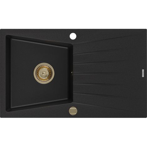 Mexen Cesar lavello in granito 1-vasca con scolapiatti 775 x 470 mm, nero, sifone dorato - 6514771010-77-G (1/5)