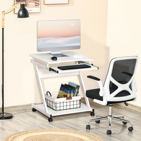 Rollbarer Computertisch – Mobiler Schreibtisch – Computertisch – Ausziehbare Tastaturablage + Regal – Weiß