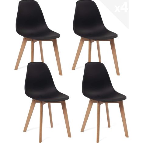 Ensemble de 4 chaises de cuisine au design scandinave, assise en plastique noir souple, légères, durables et faciles d'entretien, pieds en hêtre clair NAO (noir) (1/5)