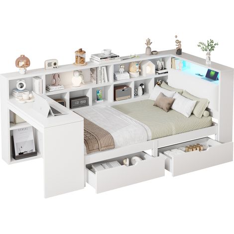 Lit plateforme en bois 90x200 cm en L avec bureau et bibliothèque, lit capitaine d'angle, tête capitonnée, tiroirs sous lit, LED, blanc, matelas non inclus (1/5)