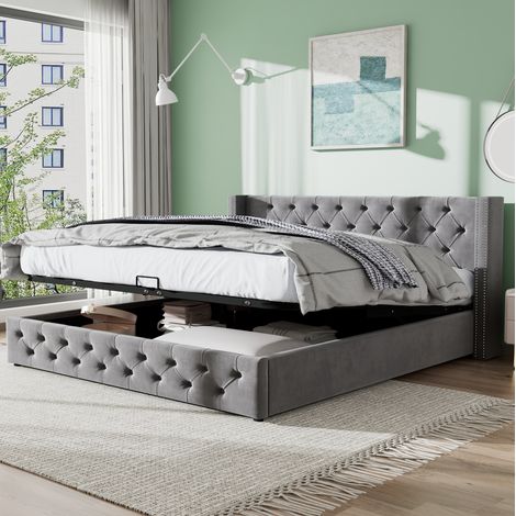 Lit double Chesterfield en velours gris 140x190 cm avec tête de lit capitonnée et coffre hydraulique (1/5)