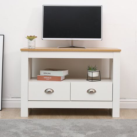 FURNITURE HMD Corner TV Stand Cabinet TV Unit with 2  Drawers,White-85x39x58cm(WxDxH) (1/5)