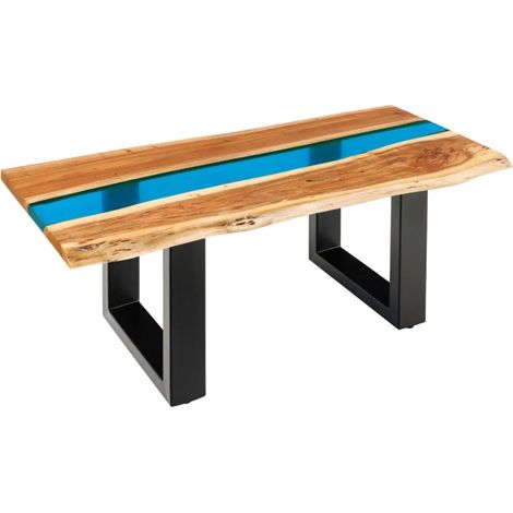 Table basse rectangulaire LAGUNA en bois d'acacia massif et résine époxy bleue – Design rivière avec pieds métal noir (1/5)