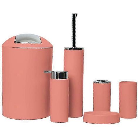 Lot 6 accessoires salle bain - Porte-brosse à dents + gobelet - Distributeur savon - Brosse WC - Corbeille - Chrysanthème Morandi