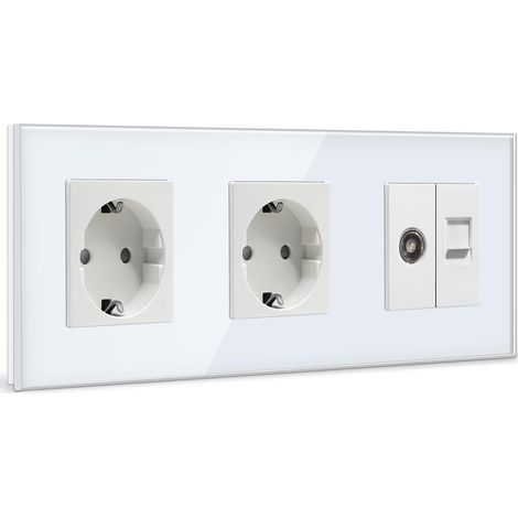 Schuko Steckdose mit 1/2 PC mit TV Weiß Glas Panel Steckdose Glas TV antenna coaxial and RJ45 Cat5e Ethernet 16 Amp Steckdose 228mm Doppelt Wandsteckdose Verlängerungssteckdosen (1/5)