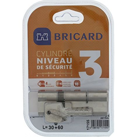 Bricard 17155Cilindro disinseribile Astral 2,9in ottone nichelato 10pistoni, 2Voci protezione anti-foratura e il grimaldelli. Scheda personale, Acciaio Nichelato, 90= 30+ 60 (1/4)