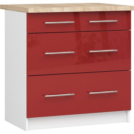 Küchenunterschrank mit Schubladen 60 cm Rot / Weiß Hochglanz mit Arbeitsplatte Soft-Close 3 Schubladen Kollektion OLIWIA Raumhirsch