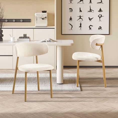 Lot de 2 chaises repas en tissu texturé écru et métal effet bois