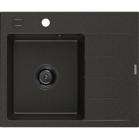Mexen Ben évier en granit 1 bac avec égouttoir gauche 600 x 500 mm, noir/doré métallisé, siphon noir - 6522605000-75-B (1/5)