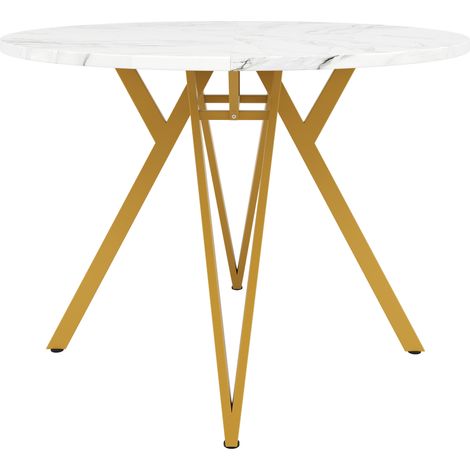 Tavolo da pranzo rotondo 100 x 100 x 76 cm, piano in MDF effetto marmo, gambe metalliche dorate (1/5)