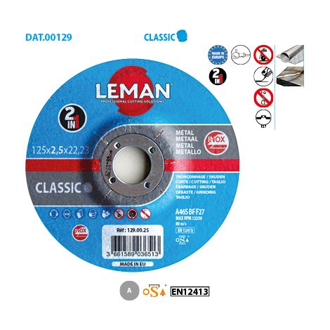 DISQUE TRONCONNAGE 2 EN 1 INOX 125X2,5X22,23 F27 - 129.00.25 - LEMAN (1/2)