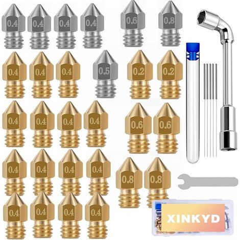 Lot de 28 buses d'imprimante 3D, MK8 Nozzle 21 buses en laiton, 7 buses en acier inoxydable, avec outil de nettoyage,pour buses CR-8 / CR-10 / Ender 3 / Ender 3S / 5/6 and so on… (1/5)