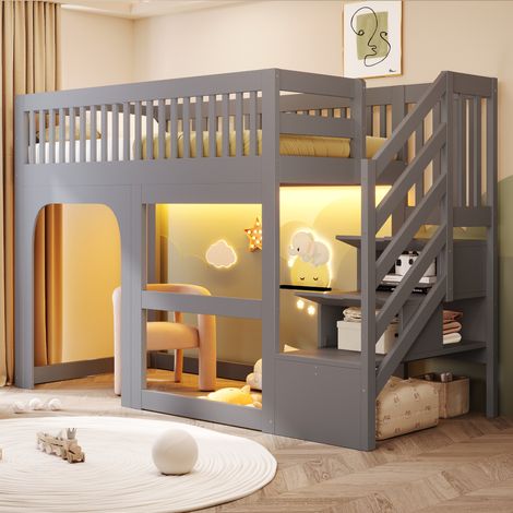 Lit mezzanine enfant 90x200 cm avec escalier de rangement, porte et fenêtres, espace de jeu sous lit, éclairage LED, garde-corps, gris (1/5)