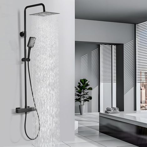 Colonne de Douche Thermostatique Noir Ensemble, Anti-Calcaire, Carré Acier Inoxydable Ensemble de Douche, Colonne Douche avec Pomme Douche 25 cm, Hauteur Réglable, Complet Salle de Bain (1/5)