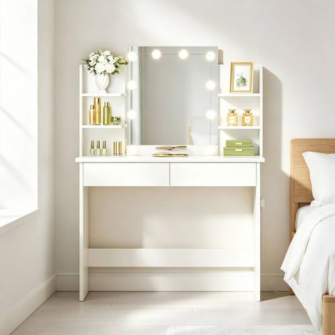 Tocador con espejo LED (40x90x135 cm), 2 cajones, 4 estantes abiertos, luz regulable, madera maciza y plástico blanco (1/5)
