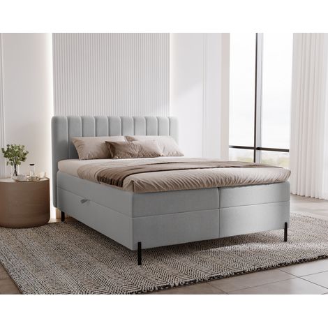 Emporius Lit double 140x200 avec matelas Florence Box - coffre de rangement, surmatelas, tissu velours - Gris clair (1/5)