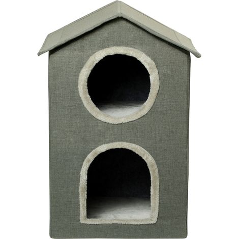 Maison pour Chats à Deux Niveaux avec Coussins Lavables 3 entrées, 42x46x59.5 cm, Gris (1/5)