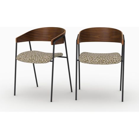 Lot de 2 chaises en tissu léopard vert kaki et bois de noyer - Esmée (1/5)