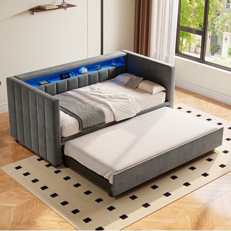 Bettsofa modern 90x190 cm, ausziehbar, Samt dunkelgrau, mit gepolstertem Kopfteil, LED und USB-C (1/5)