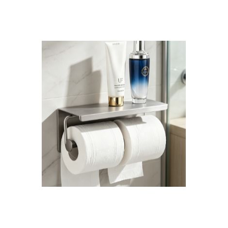porte rouleau de papier toilette double fonction finition brossée en acier inoxydable fixation sans perçage étagère de rangement murale pour toilettes et salle de bain (1/5)