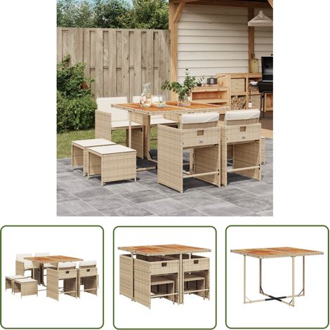 The Living Store Ensemble à manger de jardin et coussins 9 pcs beige Poly rotin - Ensemble Salon De Jardin - Meuble De Jardin - Résine Tressée - Mobilier Extérieur - Table Basse (1/5)