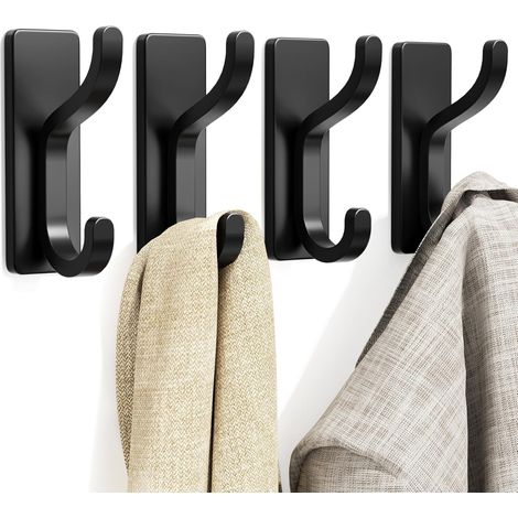 Lot de 4 crochets autocollants pour suspension : robustes à coller (supporte 6 kg), adhésifs mur, porte, cuisine, salle bain - Idéal manteau, serviette Noir Pack'Noir 4 Pack