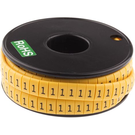 Repère câble , Ø câble 3.5  7mm, texte : 1, Noir sur Jaune ( Prix pour Bobine de 500 )