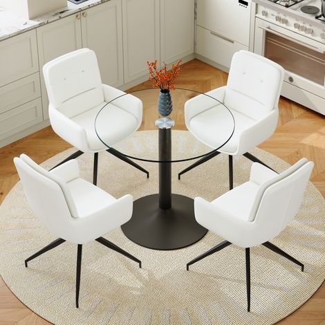 Set da pranzo in vetro temperato e metallo, nero e bianco, 4 posti, sedie girevoli 360° (1/5)