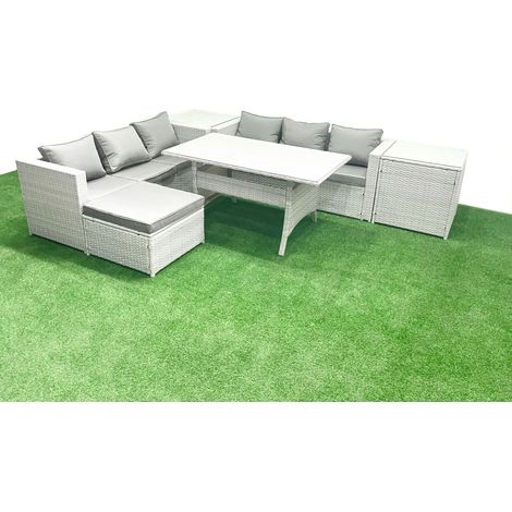 Fimous Rattan Garden Furniture Set 7 Seater Outdoor Sofa Set with Dining Table 2 Side Tables Big Footstool Light Grey Mixed