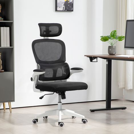 Ergonomischer Bürostuhl mit hochklappbaren Armlehnen und Kopfstütze, drehbarer Schreibtischstuhl mit verstellbarer Höhe, Lendenwirbelstütze und Wippfunktion aus Netzgewebe für den Arbeitsplatz, Schwar (1/5)