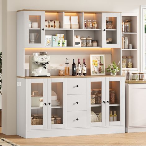 Buffet de cuisine haut 150x40x173 cm avec LED RGB, prises USB, 6 portes acryliques et 3 tiroirs MDF blanc (1/5)