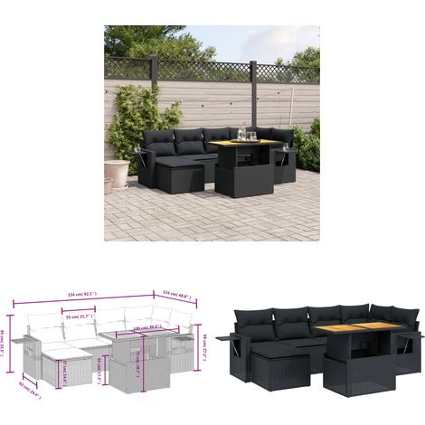 Salon de jardin 7 pcs avec coussins noir résine tressée - Ensemble Salon De Jardin - Meuble Extérieur - Résine Tressée - Rotin Synthétique - Table Extensible - Home & Living (1/3)