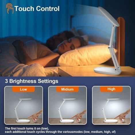 Lampe de bureau sans fil LED, lampe de bureau pliante rechargeable, température de couleur 3000K-4500K-6500K, lampe de bureau tactile rotative (1/3)