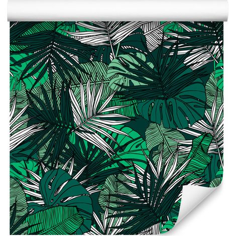 Papel pintado con hojas de monstera y palmeras bananeras para salón y dormitorio, 50x1000 cm. (1/5)