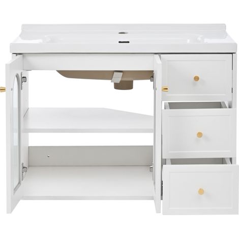 Mueble de baño suspendido 80 cm con lavabo de cerámica, MDF blanco, 2 cajones y puerta de vidrio (1/5)