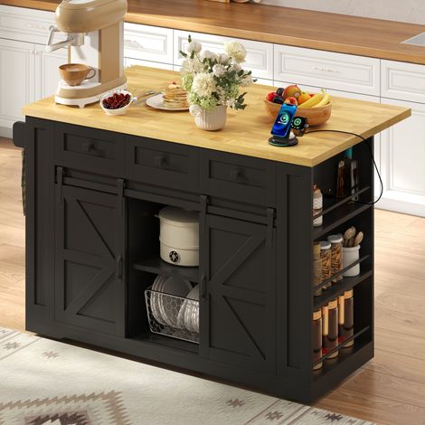 Mobile Kücheninsel mit ausklappbarer Arbeitsplatte, Küchenwagen mit Schiebetüren, Buffet-Schrank mit Steckdosen und 3-stufigem Ablageregal, 130 × 50 (80) × 87 cm (1/5)