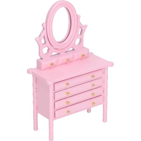 Table de toilette miniature en bois rose à l'échelle 1:12, avec miroir, très réaliste. (1/5)