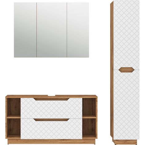 Meubles bain Lotta, Chêne/blanc avec structure en carreaux, 3 pièces, Vicco (1/5)