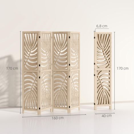 Paravent interieur en bois 4 panneaux 160 x 170 cm, pliable et portable, motif de feuille, design amovible, bois naturel (1/5)